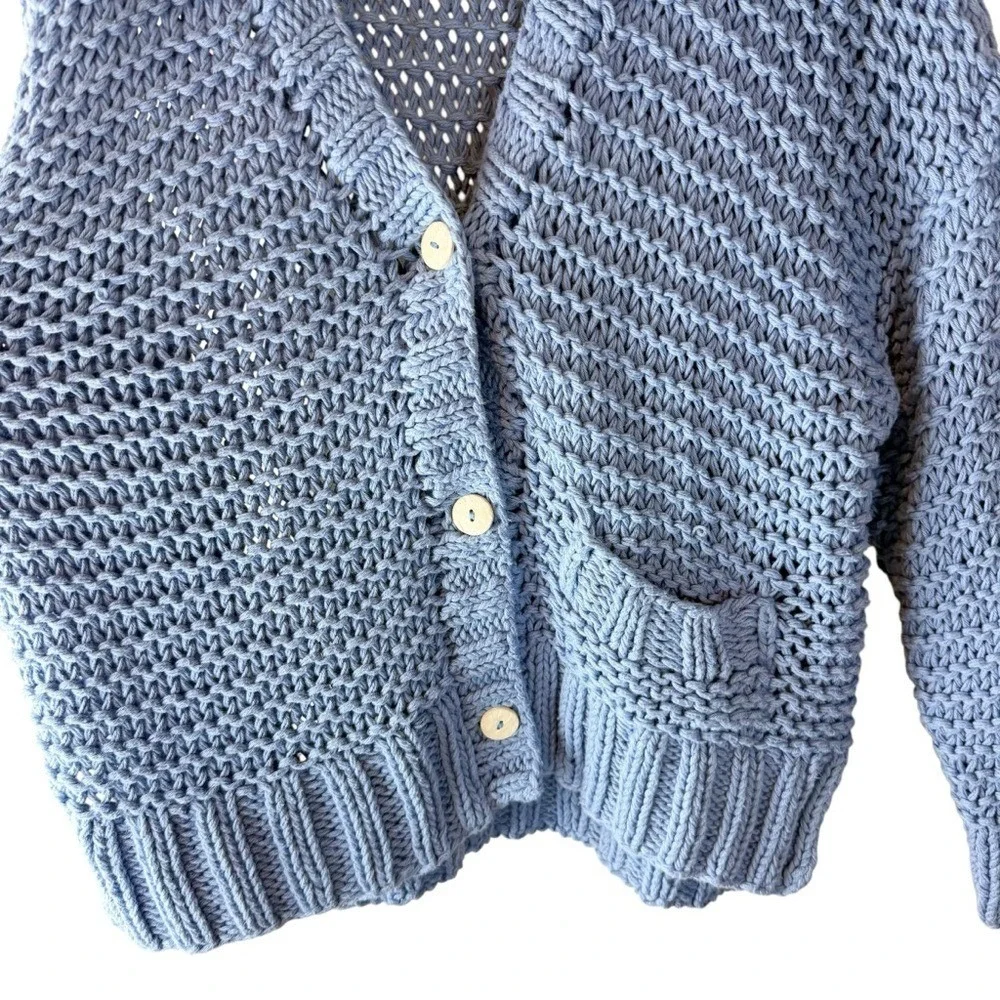 Margaret O'Leary Blue Chunky Cotton Open Knit Cardigan Sweater Oversized